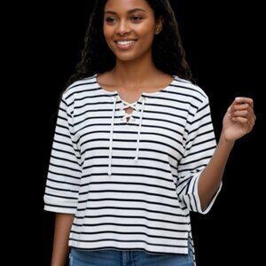 Croft & Barrow 3/4 length sleeve shirt-Size L-White/Navy Stripe-Lace Up Tie